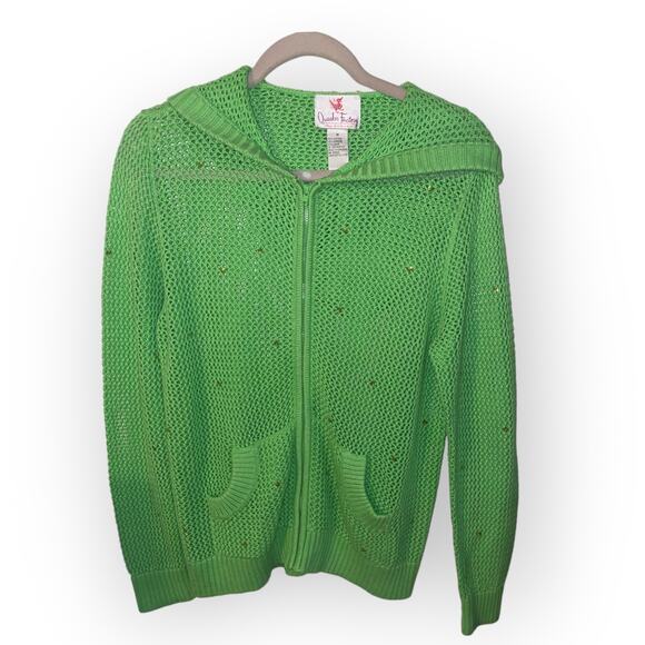 Quacker Factory Sz M Zip Up See through Cardigan Sequins Neon Green EUC - Picture 1 of 4